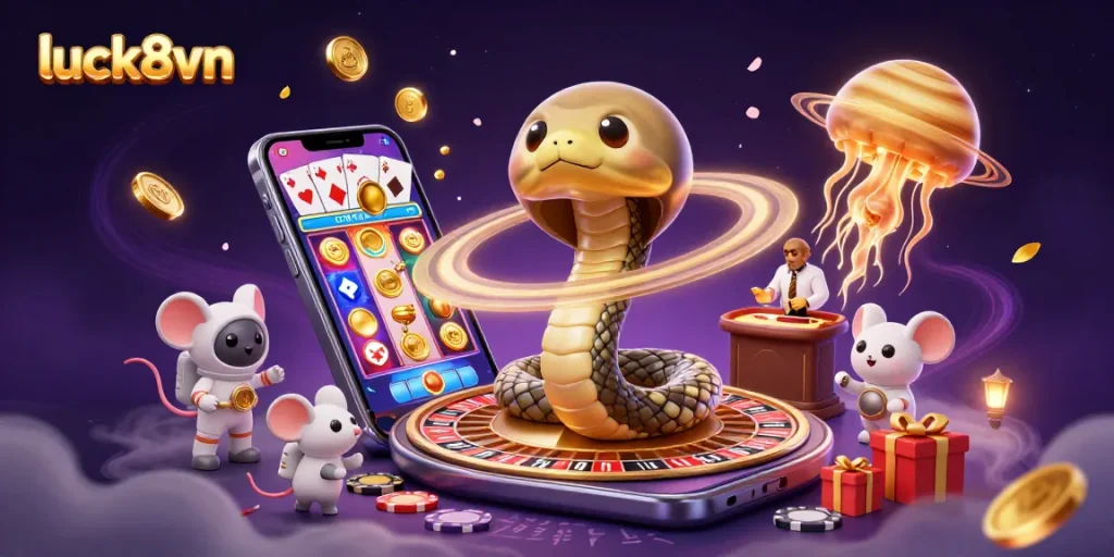 Engage in thrilling casino action at luck8vn with a vibrant cosmic roulette scene featuring animated characters.