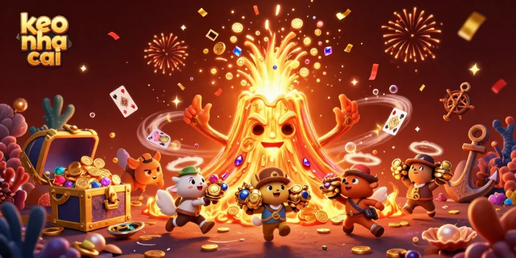 Experience the thrill of keo nha cai with a golden volcano erupting treasures and gaming elements!
