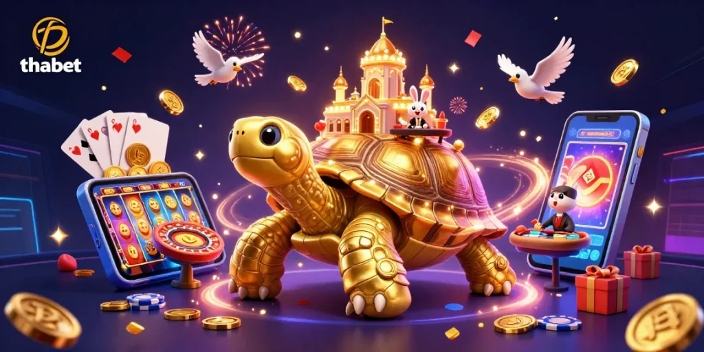 Energize your gameplay with thabet's 3D casino adventure, featuring a golden tortoise and vibrant slot games!