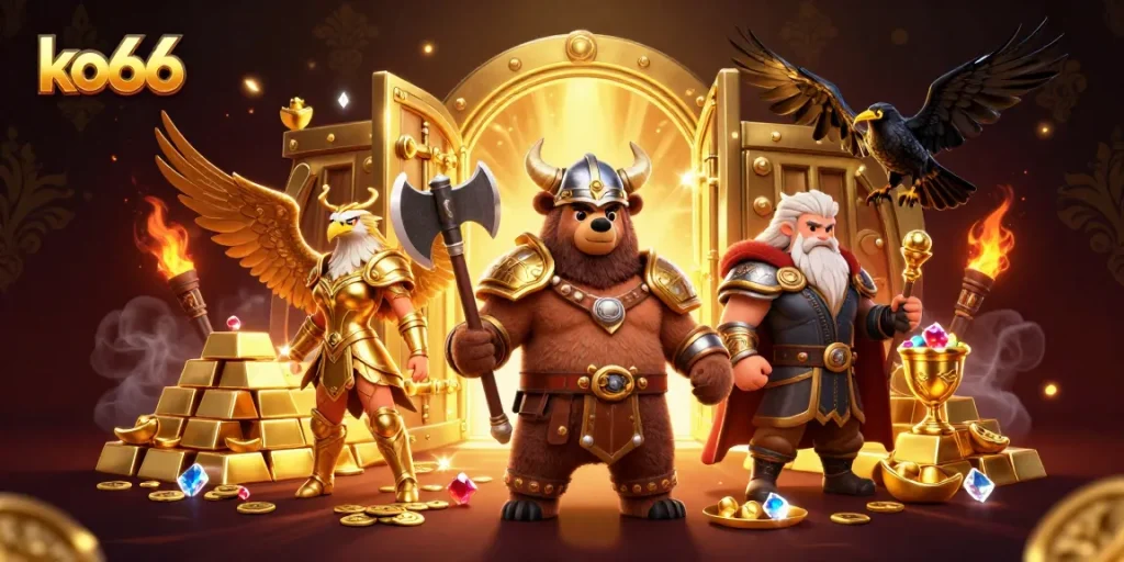 Join exciting games at ko66 while a Viking and Valkyrie protect treasure chests filled with jewels.