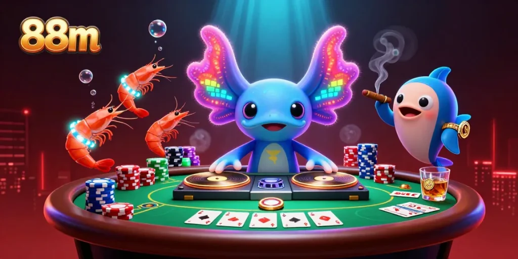 Experience thrilling gameplay at 88m with neon axolotl DJ and dynamic gambling elements.