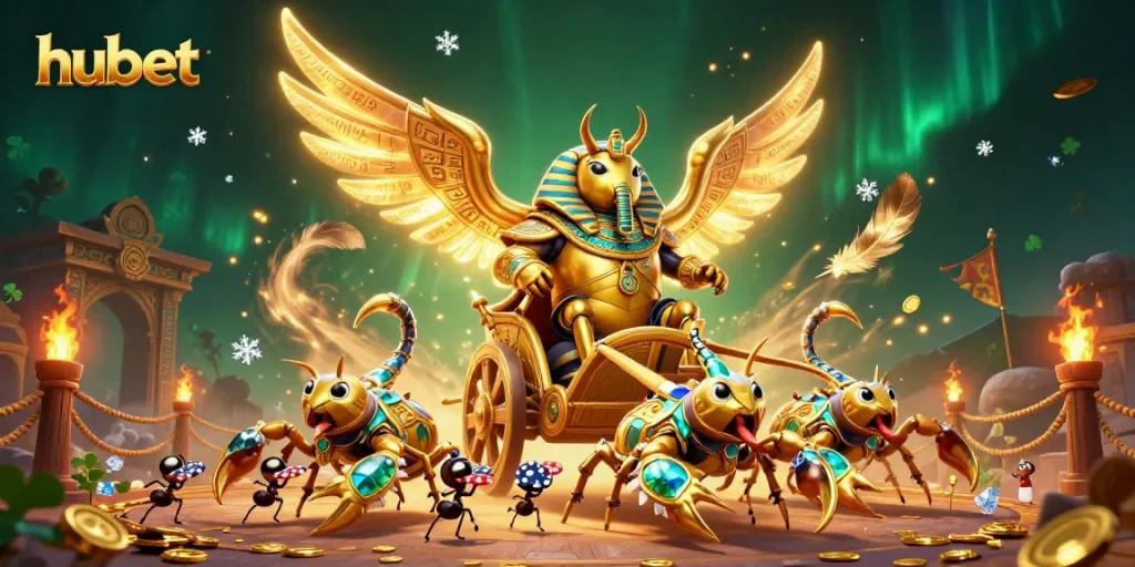 Experience thrilling gaming action at hubet with a vibrant 3D illustration showcasing a colossal beetle and scorpions.