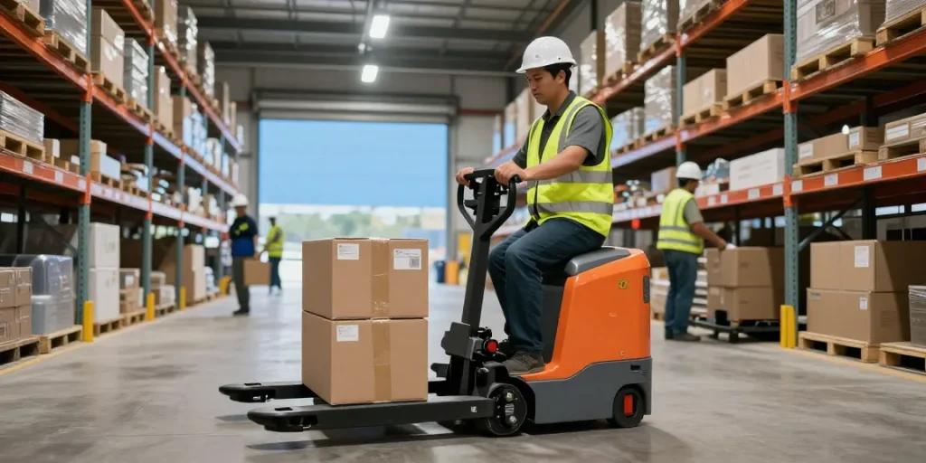 The best pallet jack in Texas in action, demonstrating efficiency in a modern warehouse environment with a worker confidently maneuvering.