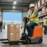 The best pallet jack in Texas in action, demonstrating efficiency in a modern warehouse environment with a worker confidently maneuvering.