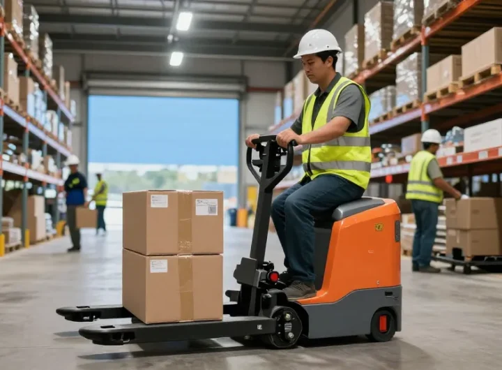 The best pallet jack in Texas in action, demonstrating efficiency in a modern warehouse environment with a worker confidently maneuvering.