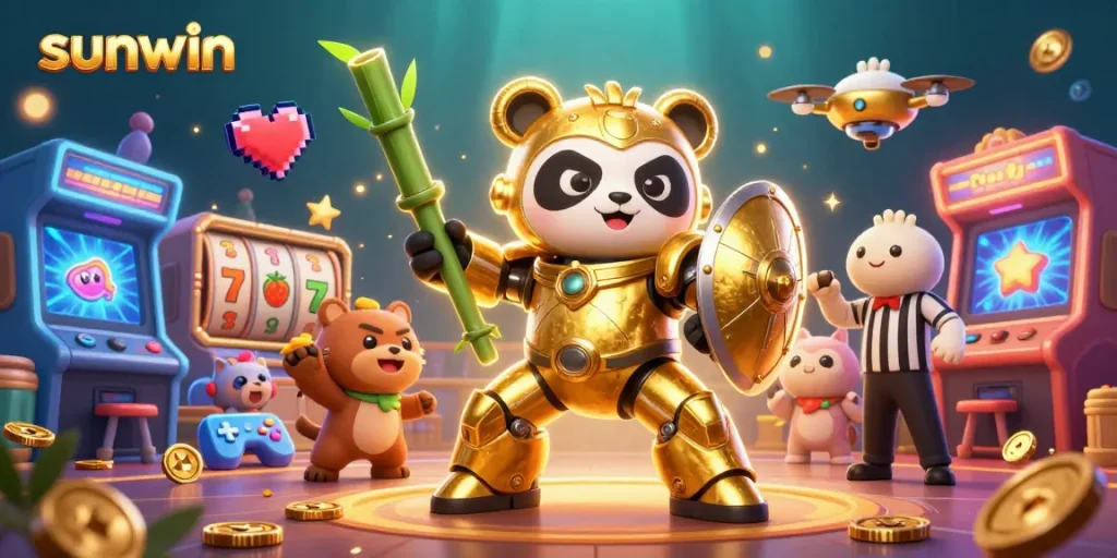 Engage with the sunwin slot action featuring a mech-suit golden panda amidst vibrant gaming elements and dynamic visuals.