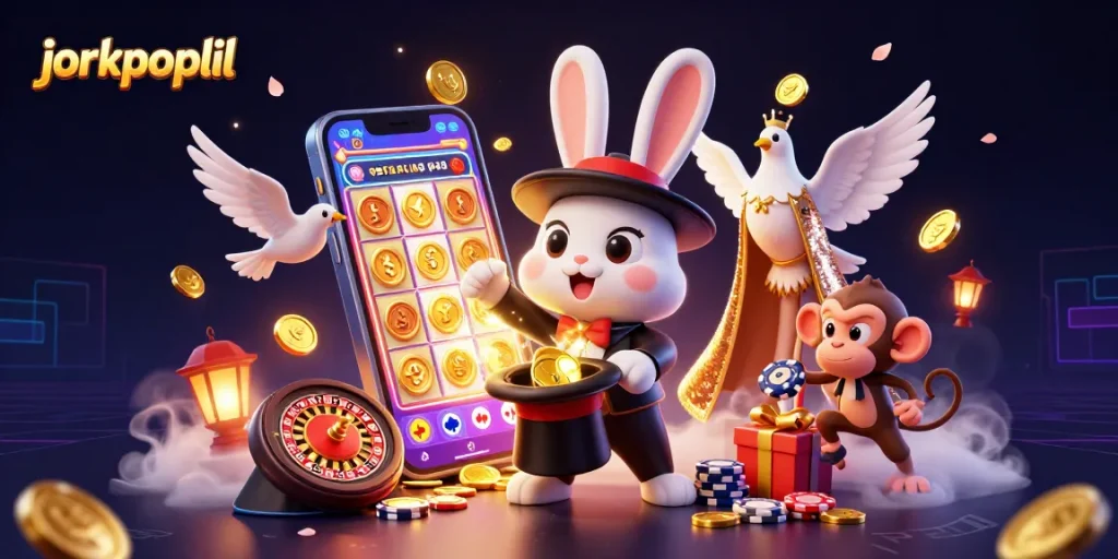 Engage in dynamic jorkpoplil casino play with a magician rabbit and vibrant gaming graphic elements.