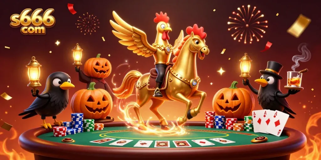 Experience exhilarating gaming moments at s666 com with a vibrant 3D casino illustration featuring a golden rooster and poker elements.