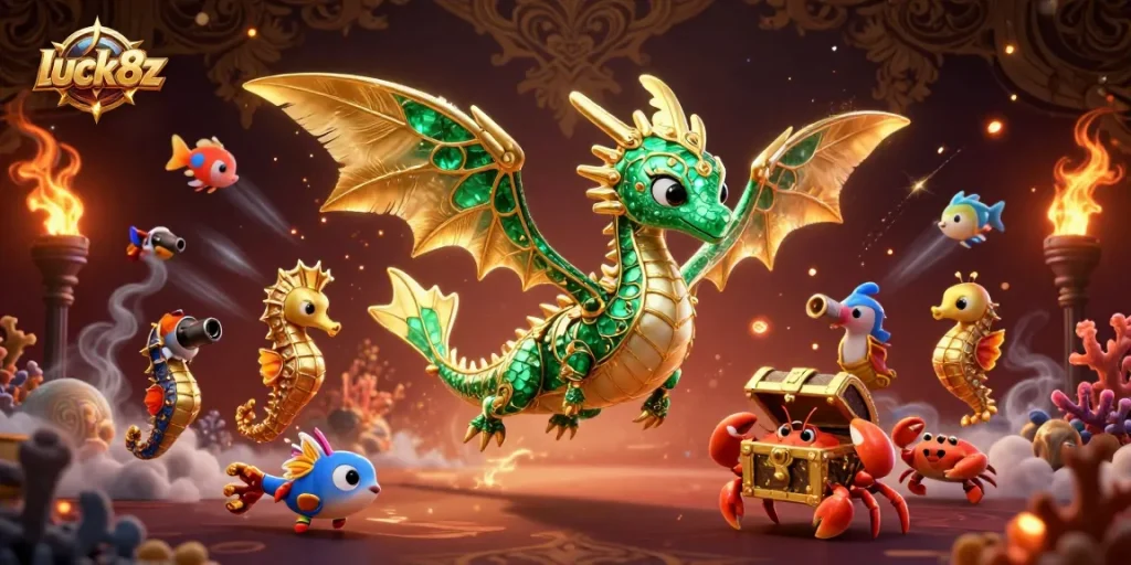 Experience thrilling fish shooting action at luck8z with vibrant sea dragons and crabs in a rich underwater scene.
